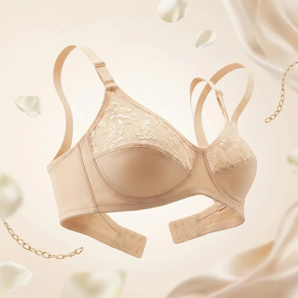SilkeSoft nude floral lace full coverage wire-free bra featuring breathable fabric, non-padded cups, adjustable straps, and elegant floral embroidery for everyday comfort.