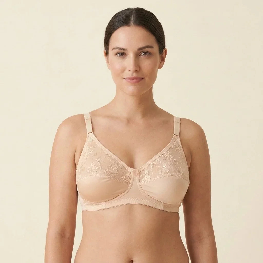 SilkeSoft nude floral lace full coverage wire-free bra featuring breathable fabric, non-padded cups, adjustable straps, and elegant floral embroidery for everyday comfort.