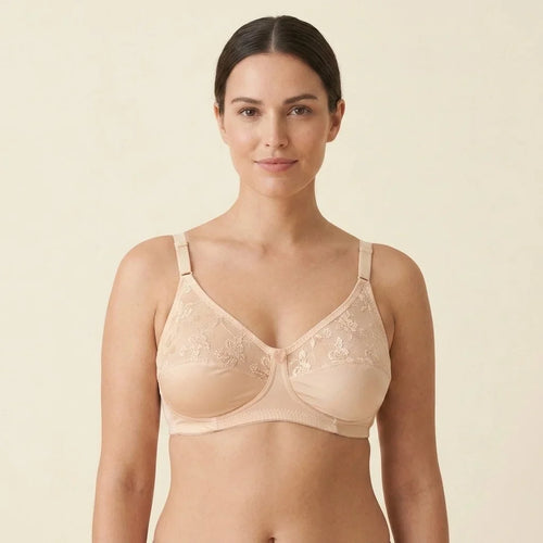 SilkeSoft nude floral lace full coverage wire-free bra featuring breathable fabric, non-padded cups, adjustable straps, and elegant floral embroidery for everyday comfort.