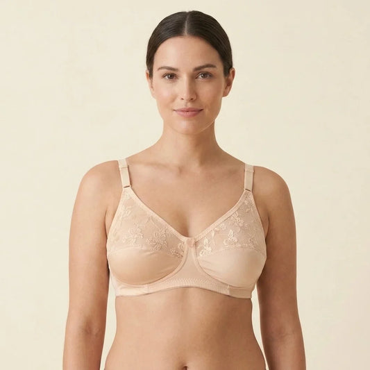 SilkeSoft nude floral lace full coverage wire-free bra featuring breathable fabric, non-padded cups, adjustable straps, and elegant floral embroidery for everyday comfort.