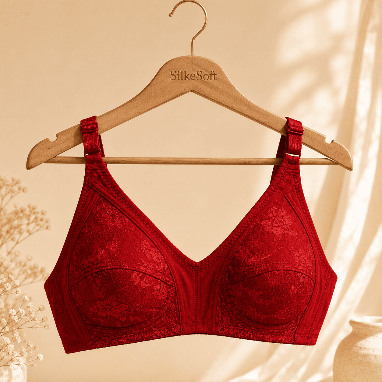 SilkeSoft Ruby Blossom Comfort Bra – Wireless Full Coverage Floral Bra